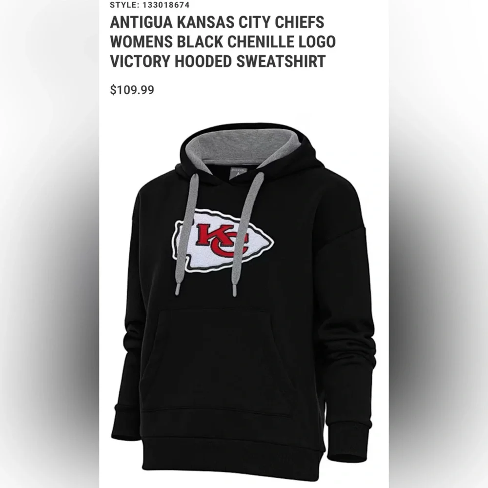 KANSAS CITY CHIEFS ANTIGUA LADIES BLACK CHENILLE LOGO VICTORY HOODED SWEATSHIRT - Picture 1 of 12